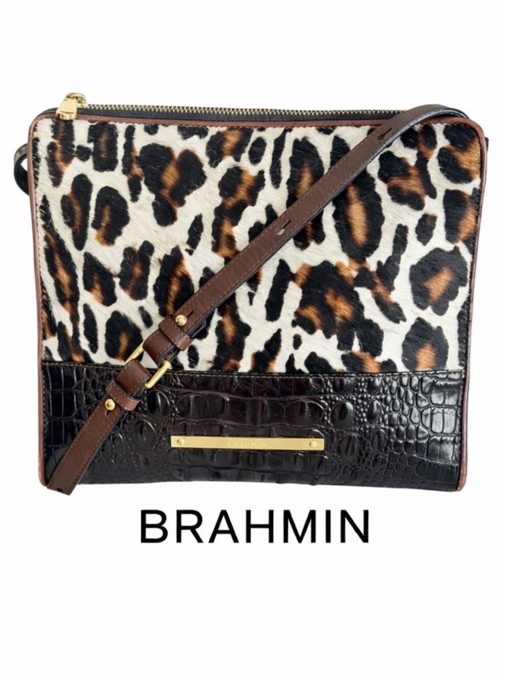 Brahmin Leopard Print Crossbody with Brown Croc Accents